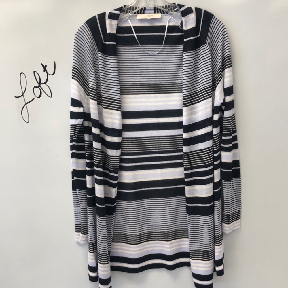 Loft Women’s Lightweight Navy Blue White Stripe Spring Open Sweater Medium M